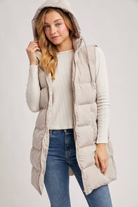HOODED ZIPPER DOWN LONGLINE PUFFER VEST JACKET: CREAM