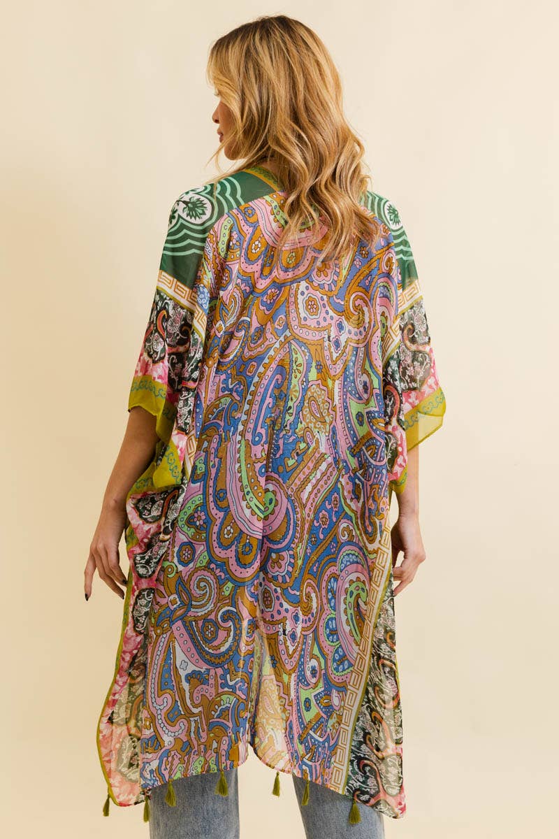 Paisley Print Open Front Kimono w/ Cinched Arms: Lime