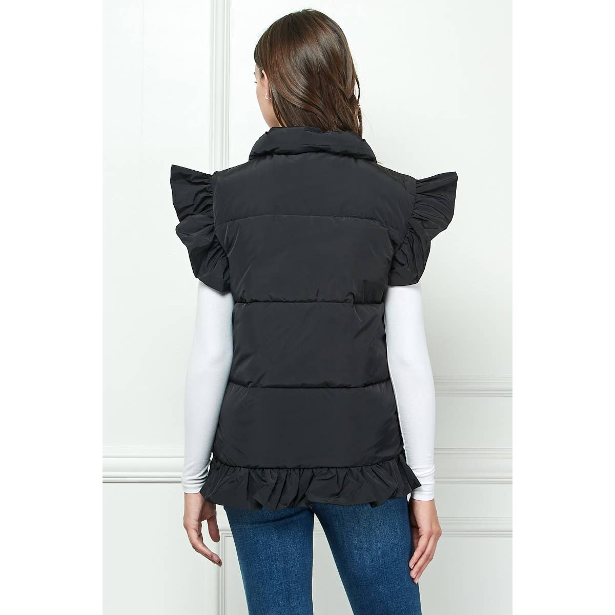 Ruffle Sleeve and Front Padded Vest: Black