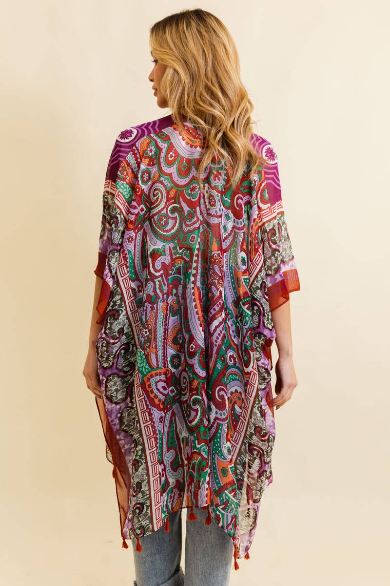 Paisley Print Open Front Kimono w/ Cinched Arms: Maroon