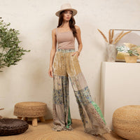 **Pre-Order: Will arrive August** Boho Tiered Patchwork Flare Pants Velvet Drawstring Waist