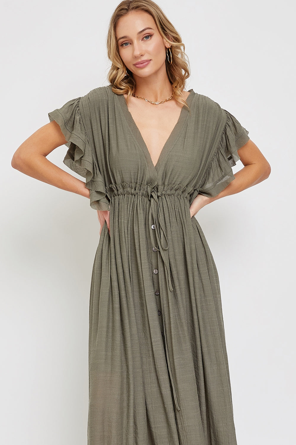 Summer Sunset Boho Linen Gauze Maxi Dress in Olive * on sale