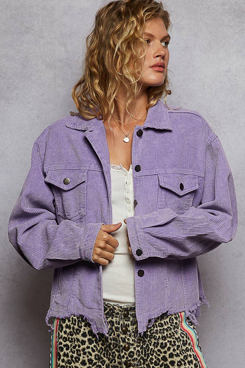 Pocket Front Button Down Corduroy Trucker Jacket: PURPLE IRIS