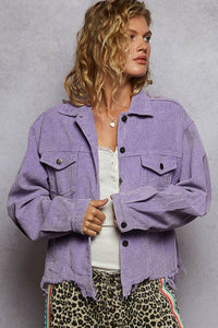 Pocket Front Button Down Corduroy Trucker Jacket: PURPLE IRIS