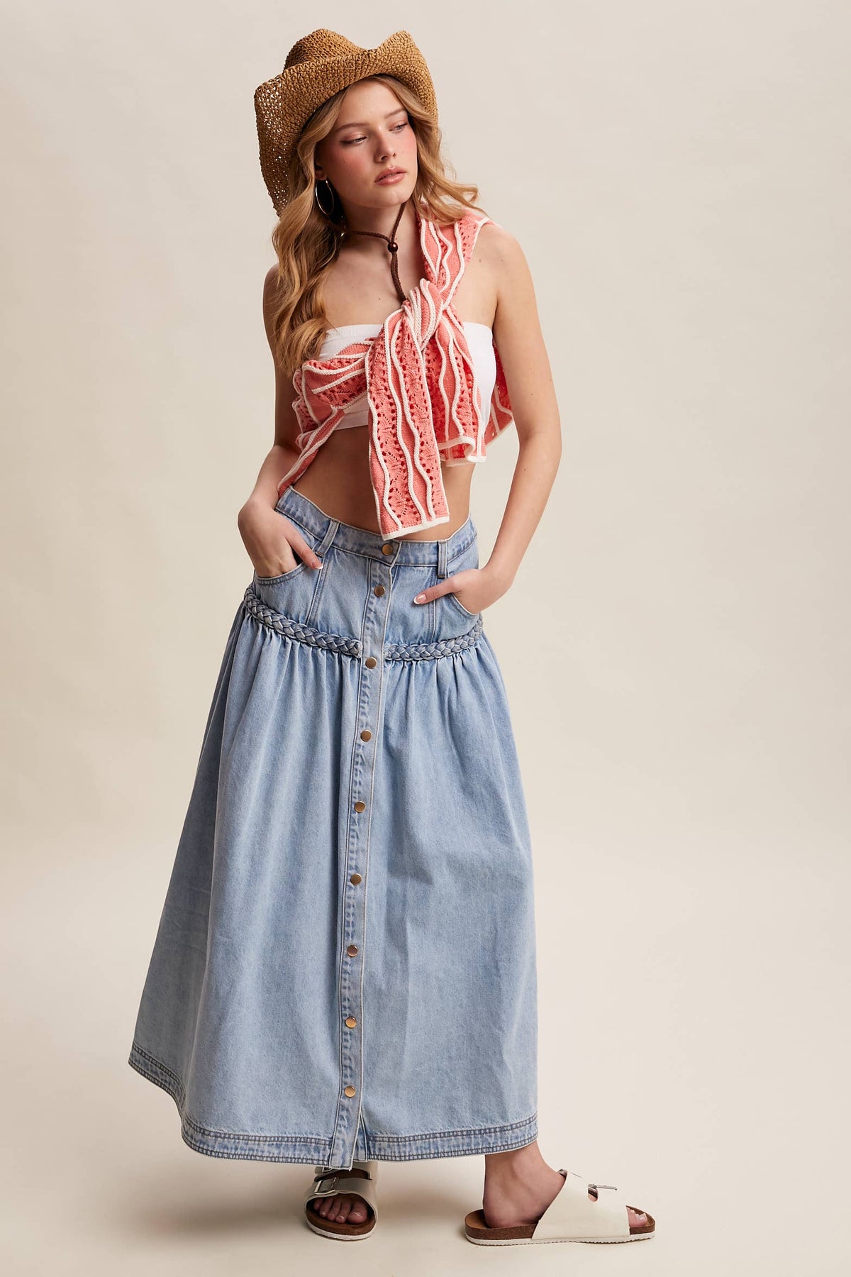 Braided Waist Denim Maxi Skirt: Cloud Wash