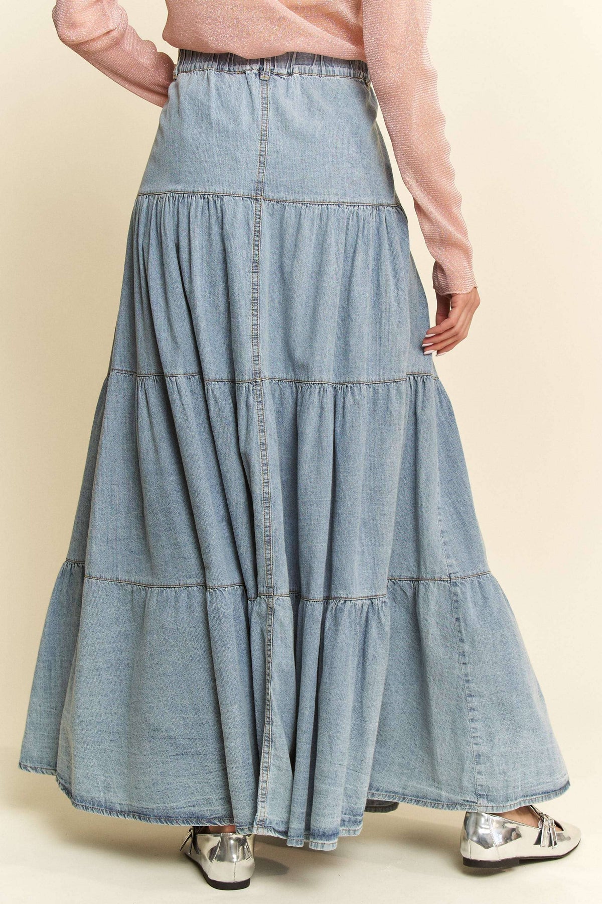 DENIM BUTTON FRONT RUFFLE HEM DENIM MAXI SKIRT: Denim
