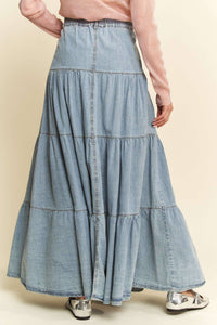 DENIM BUTTON FRONT RUFFLE HEM DENIM MAXI SKIRT: Denim