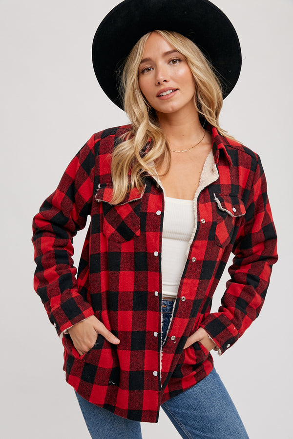 Buffalo Plaid Red and Black flannel jacket with sherpa lining