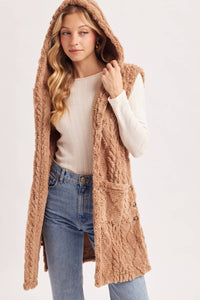 BOUCLE CABLE KNIT SWEATER HOODED VEST