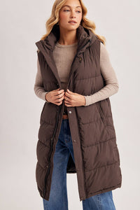 DETACHABLE HOOD ZIPPER LONGLINE QUILTED PUFFER VEST JACKET : ASH BROWN