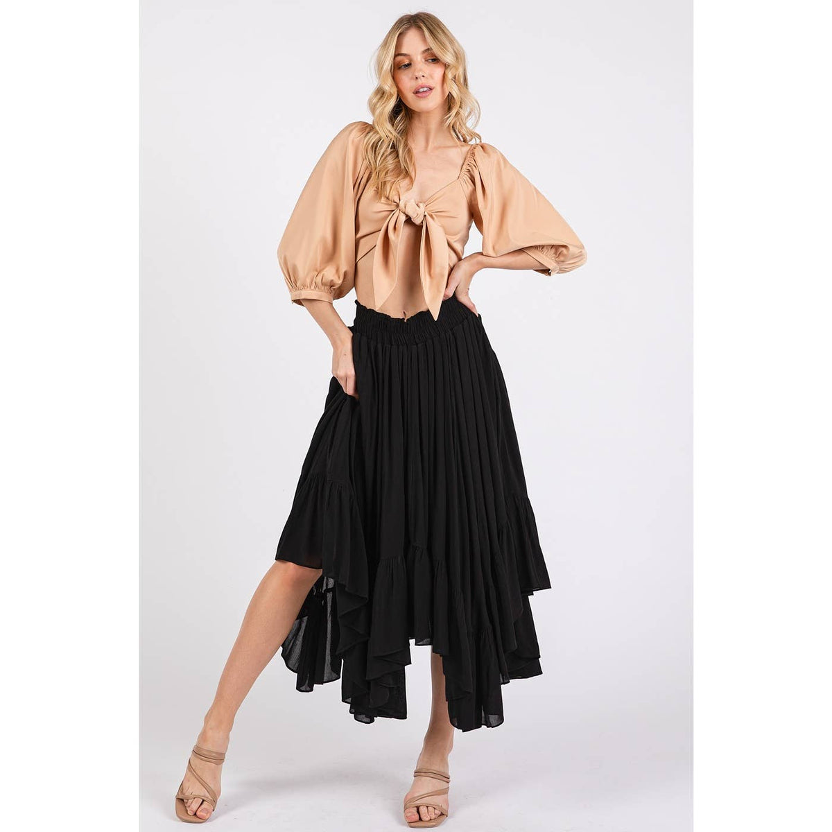 HANDKERCHIEF HEM ELASTIC WAIST POCKET MIDI SKIRT: BLACK