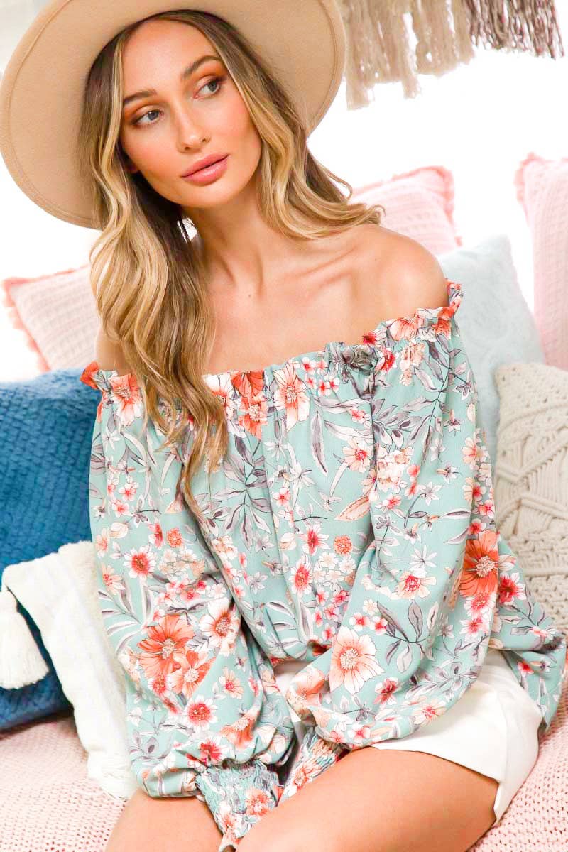 Off The Shoulder Floral Stripe Printed Woven Blouse : Mint