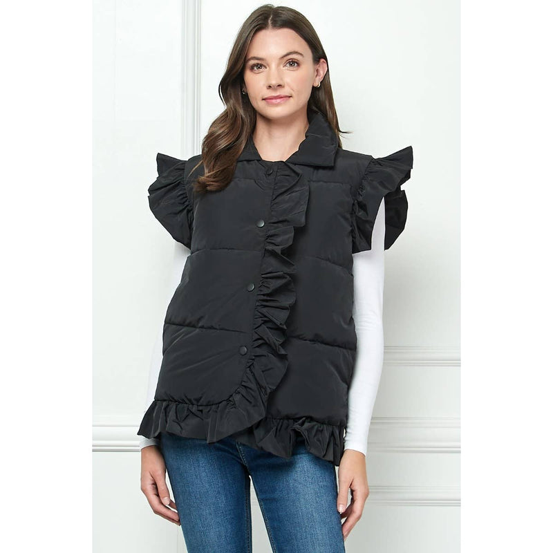 Ruffle Sleeve and Front Padded Vest: Black