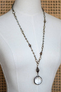 Boho Long Beaded Chain Link Necklace, Glass Crystal Round Pendant -  Round