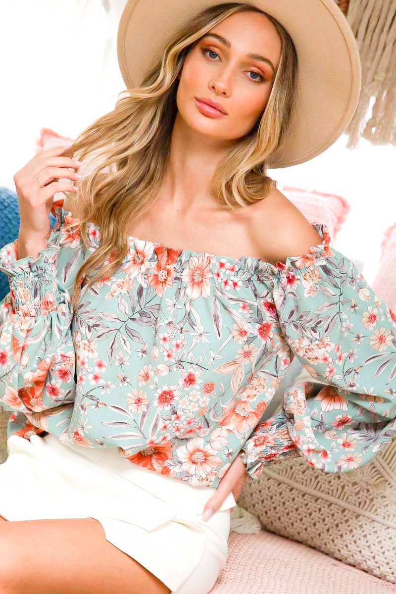 Off The Shoulder Floral Stripe Printed Woven Blouse : Mint