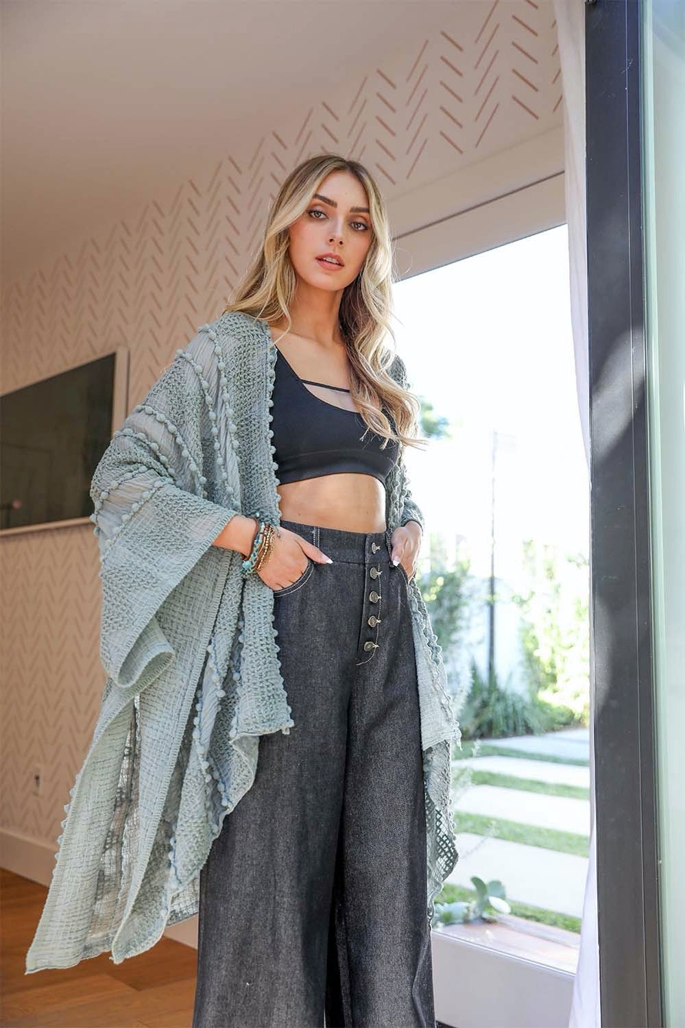 Boho Embroidered Gauze Linen Kimono in Sage *