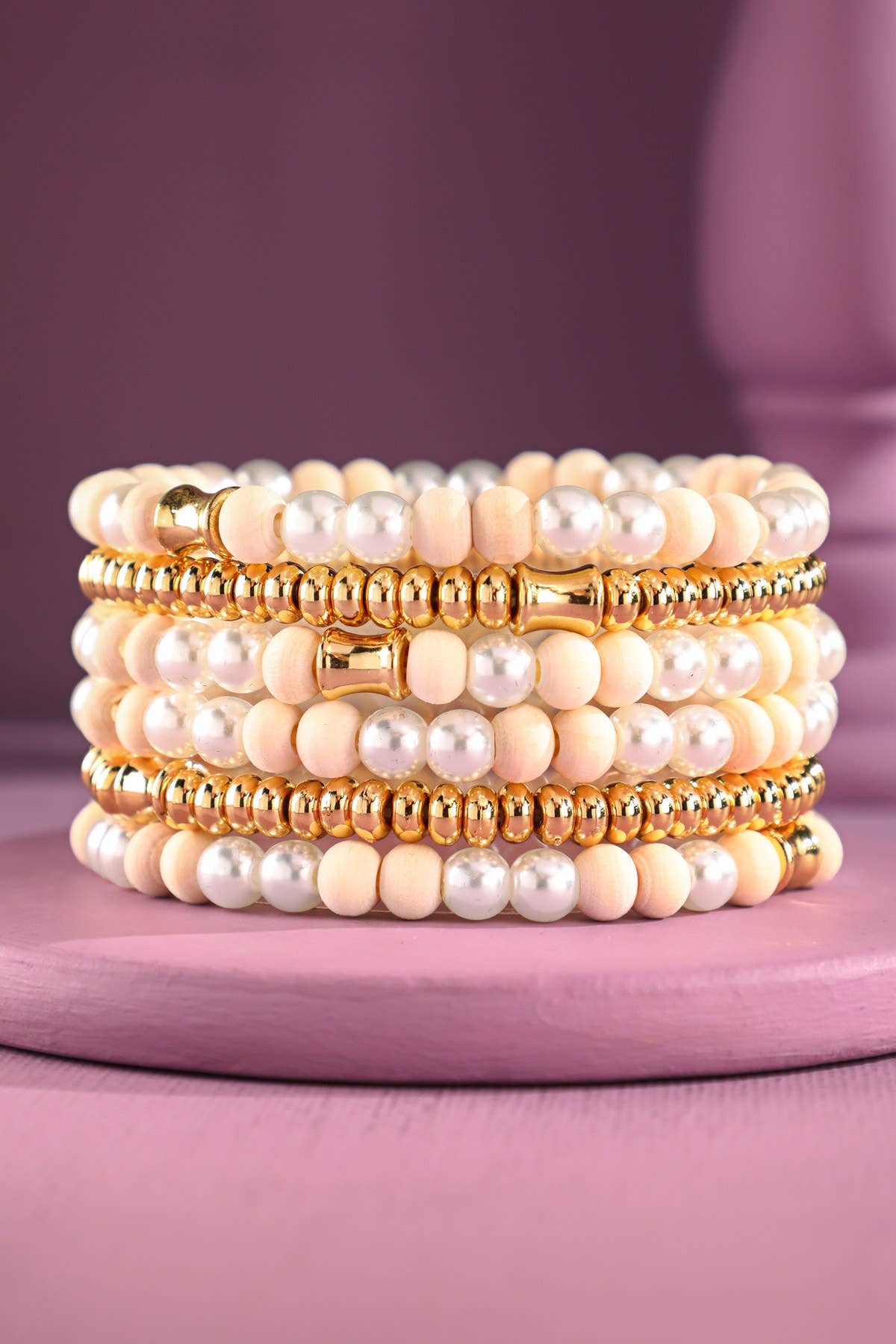 Wood and Pearl Beaded Stretch Bracelet