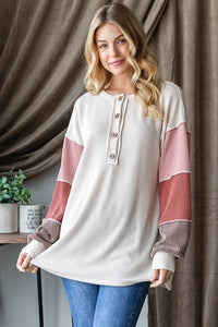 URBAN RIBBED SOLID COLOR BLOCK LONG SLEEVE TOP: SAND