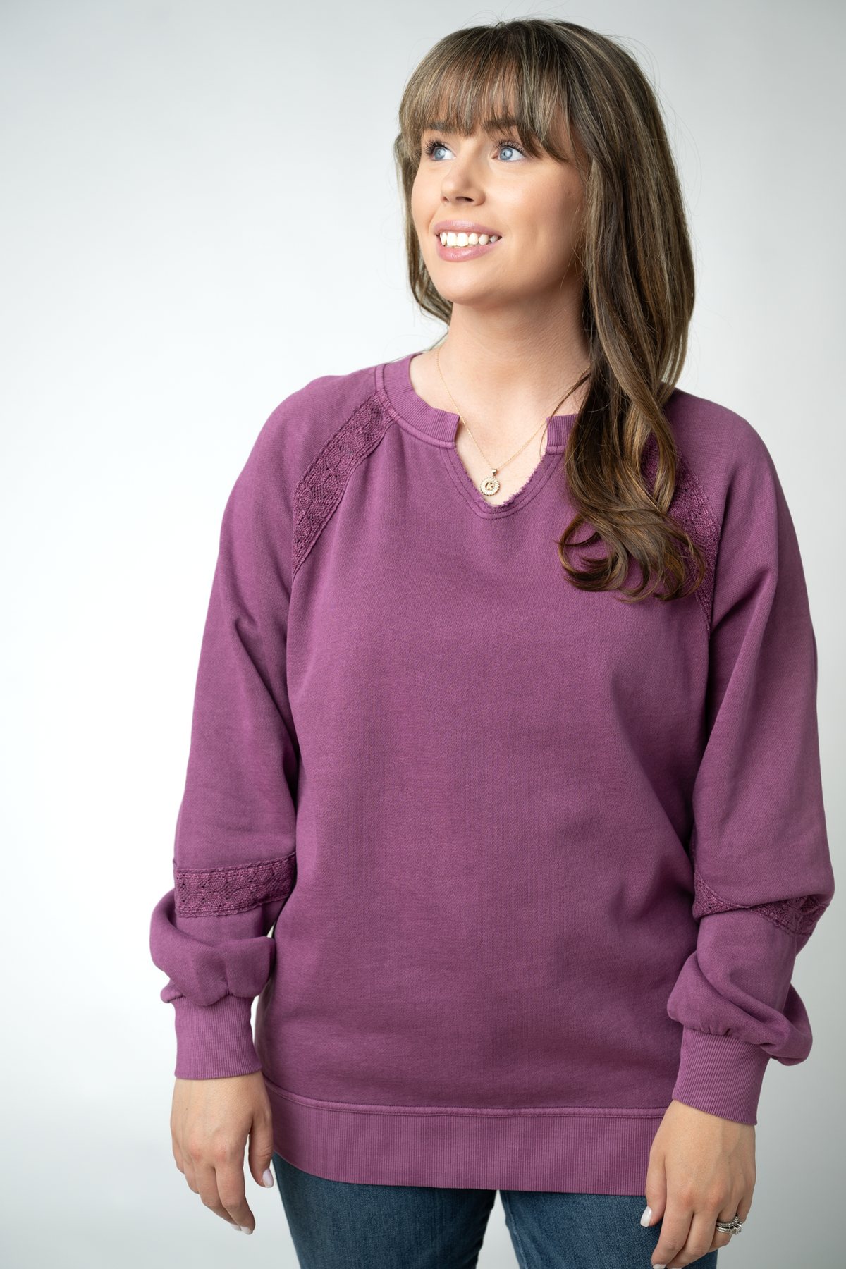 Lace Accent Vintage Wash Pullover Long Sleeve Sweater - Purple