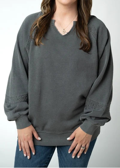 Lace Accent Vintage Wash Pullover Long Sleeve Sweater - Black