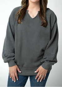 Lace Accent Vintage Wash Pullover Long Sleeve Sweater - Black