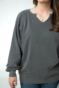 Lace Accent Vintage Wash Pullover Long Sleeve Sweater - Black