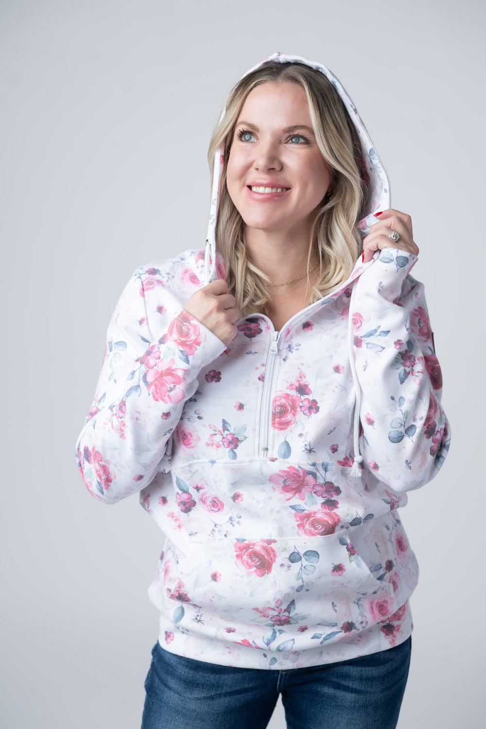 Pink Bloom Half Zip Neck Long Sleeve Hoodie S- 2XL