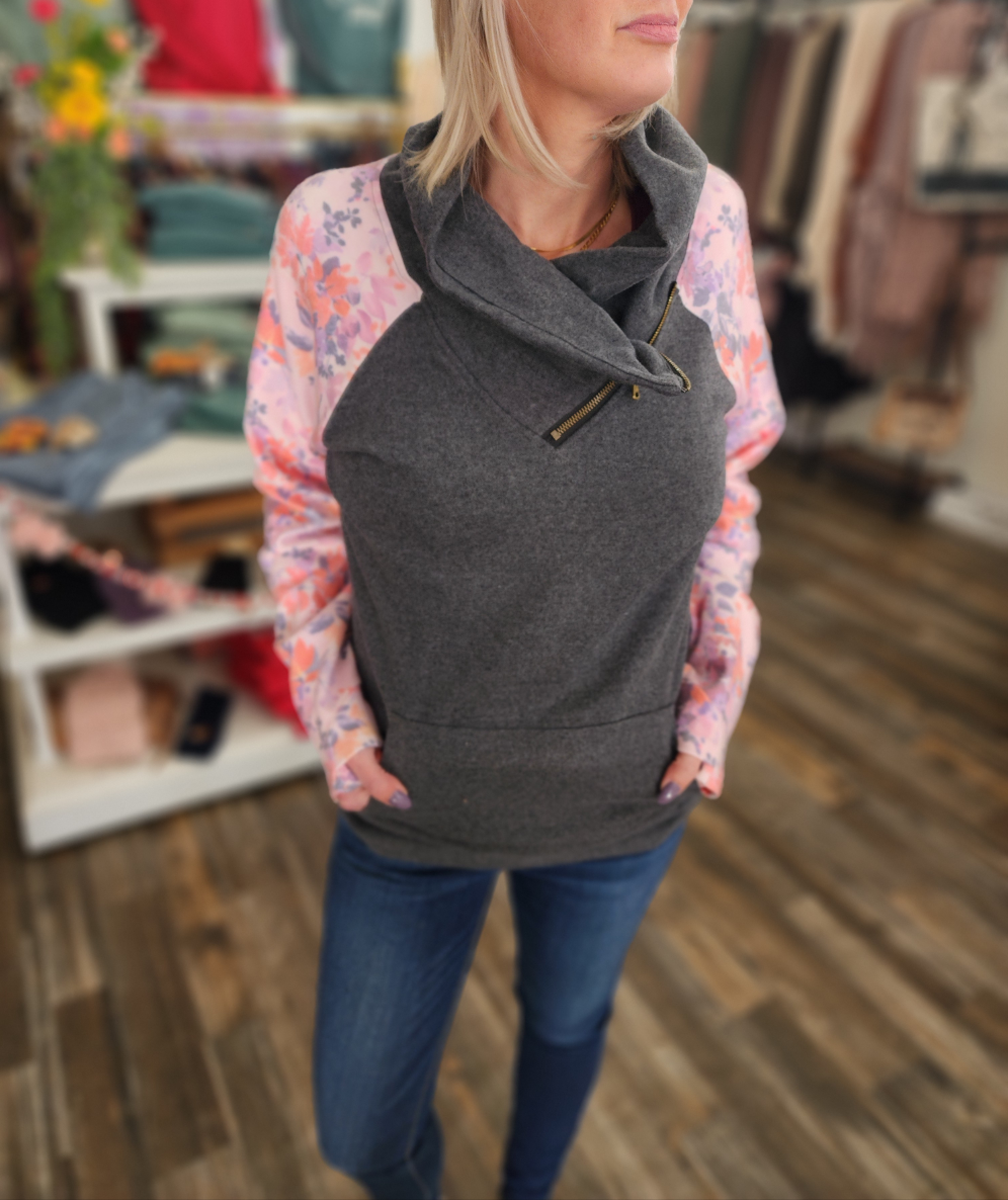 Charcoal and Floral Zip Cowl Long Sleeve *