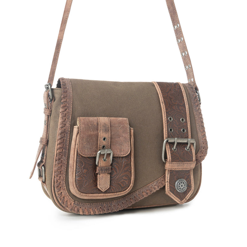 Myra Outlaw's Travels Leather Shoulder Bag Purse in Copper Olive
