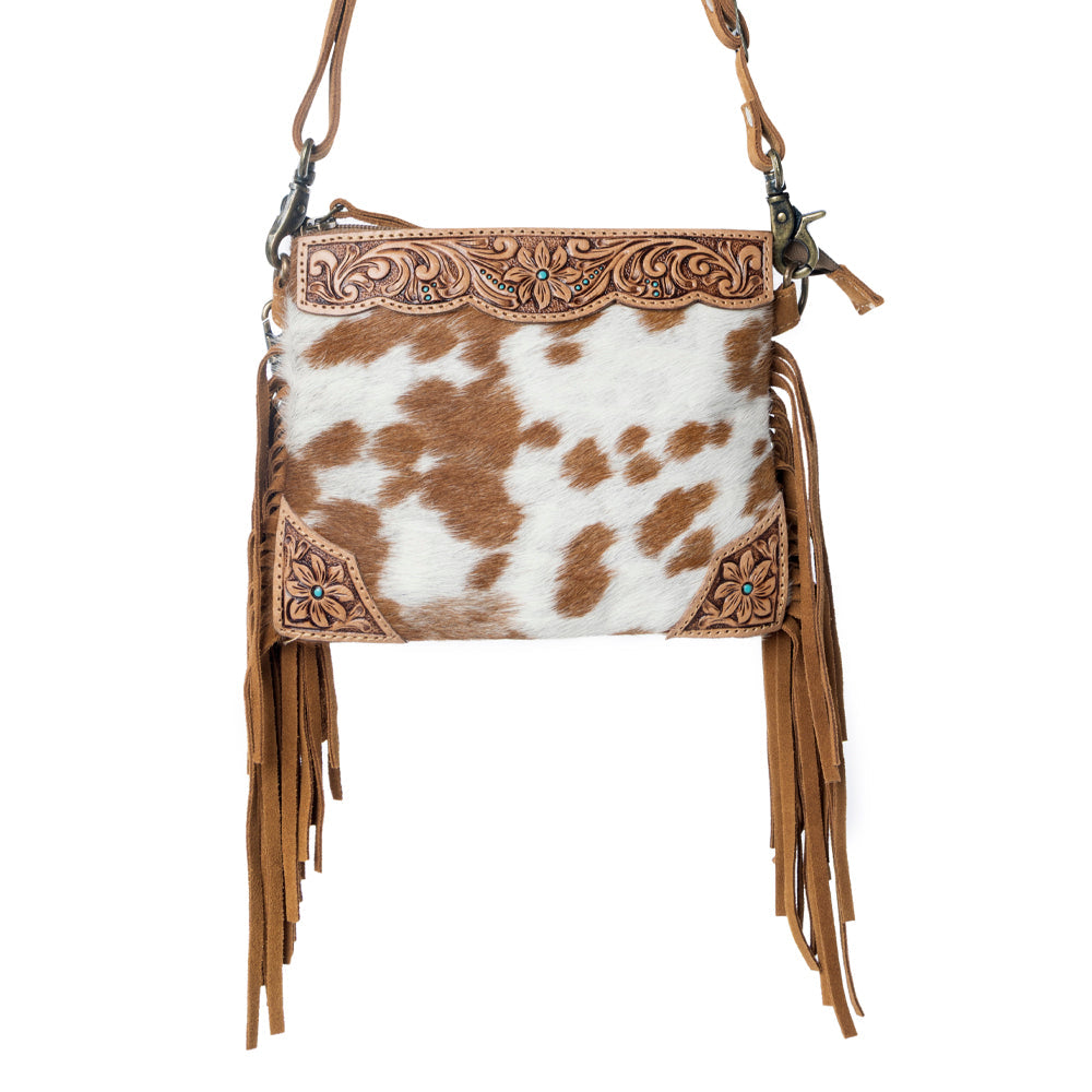 Myra Bourbon Trail Handtooled Bag Purse for Women in brown with hairon and fringe detail