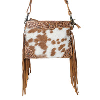 Myra Bourbon Trail Handtooled Bag Purse for Women in brown with hairon and fringe detail