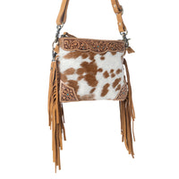 Myra Bourbon Trail Handtooled Bag Purse for Women in brown with hairon and fringe detail