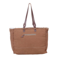 Myra Juniper Weekender Bag for Women with upcycled canvas and hairon hide with embossed leather detail
