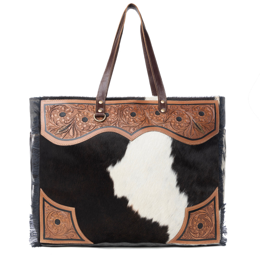 Cartwright Hand-Tooled Weekender Bag in Tan & White