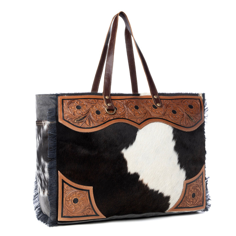Cartwright Hand-Tooled Weekender Bag in Tan & White