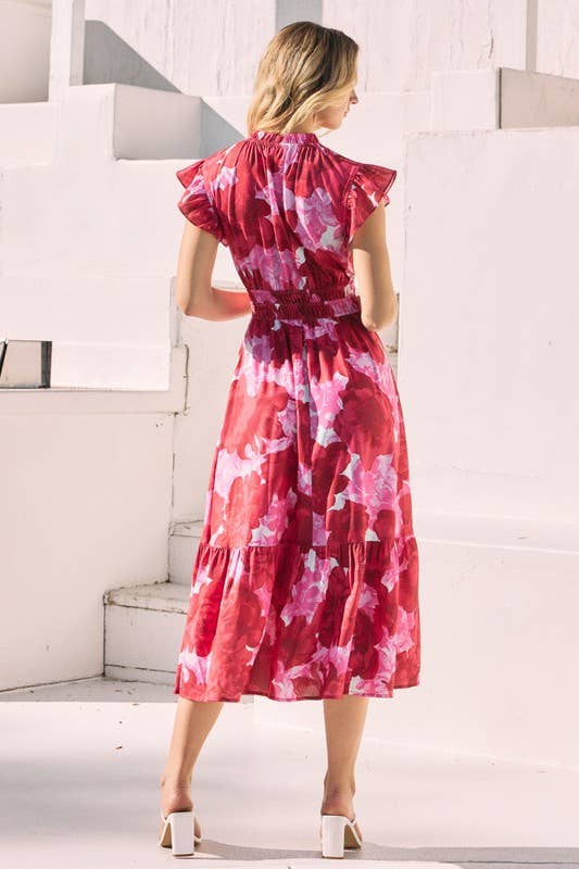 Floral Printed Midi Dress - Ruffle Cap Sleeves: Pink Multi