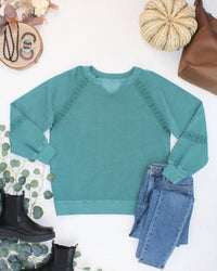 Lace Accent Vintage Wash Pullover - Teal