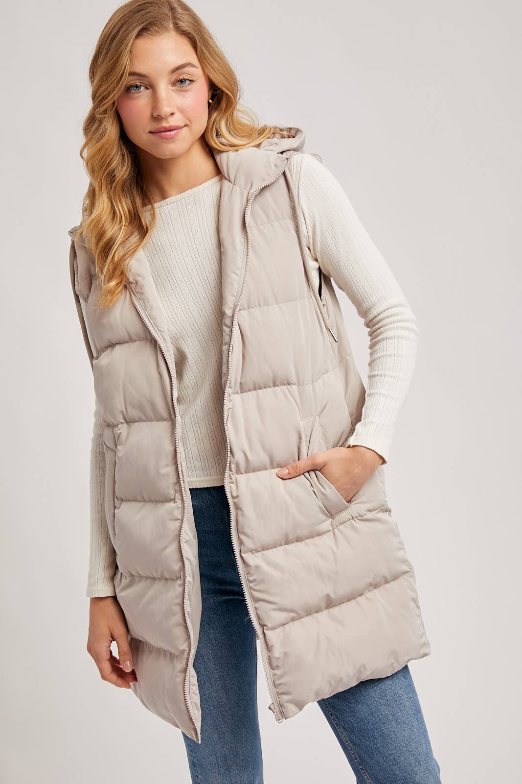 HOODED ZIPPER DOWN LONGLINE PUFFER VEST JACKET: CREAM