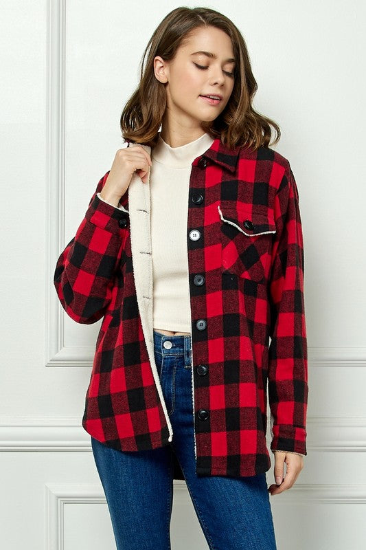 Buffalo Plaid Red and Black flannel jacket with sherpa lining