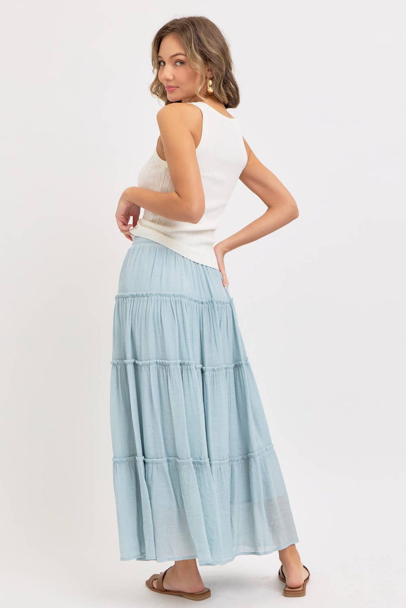 BESTSELLER TIERED MAXI SKIRT: MISTY BLUE