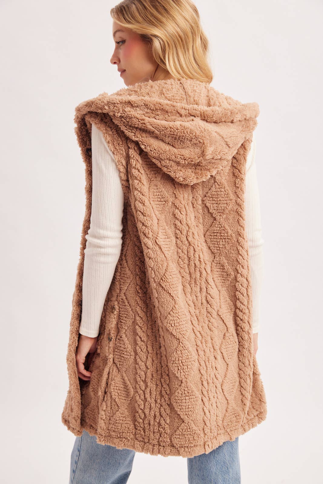 BOUCLE CABLE KNIT SWEATER HOODED VEST