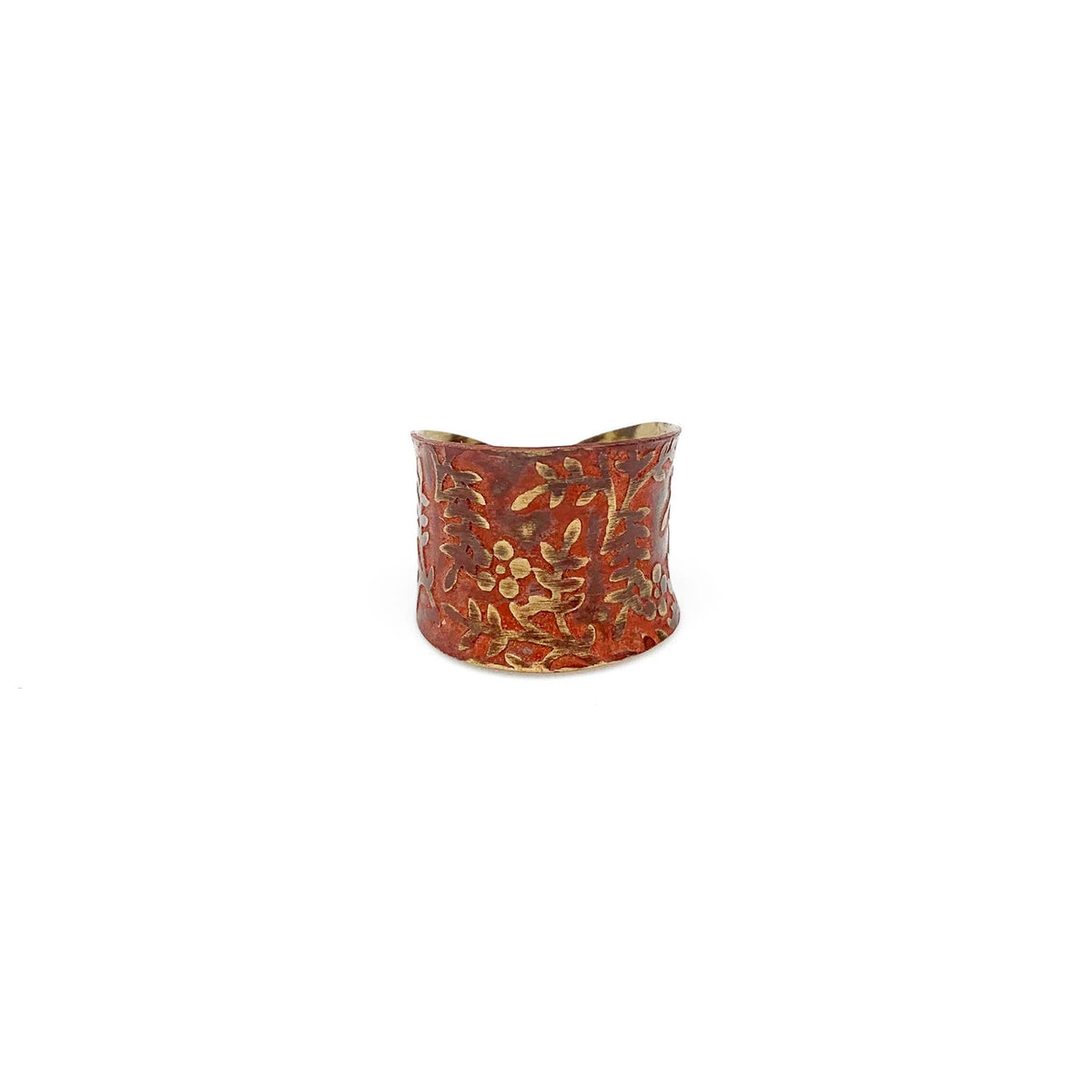 Brass Patina Ring - Red Orange Brass Floral Vines Allover