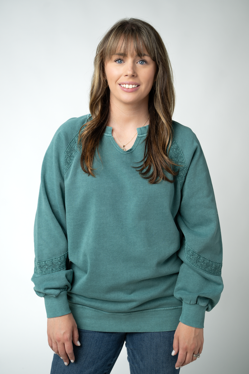 Lace Accent Vintage Wash Pullover Long Sleeve Sweater - Teal