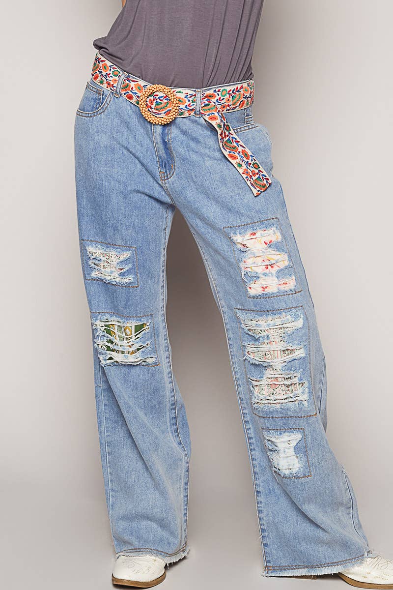 Beaded circle buckle floral pattern belt: CREAM/BLUE