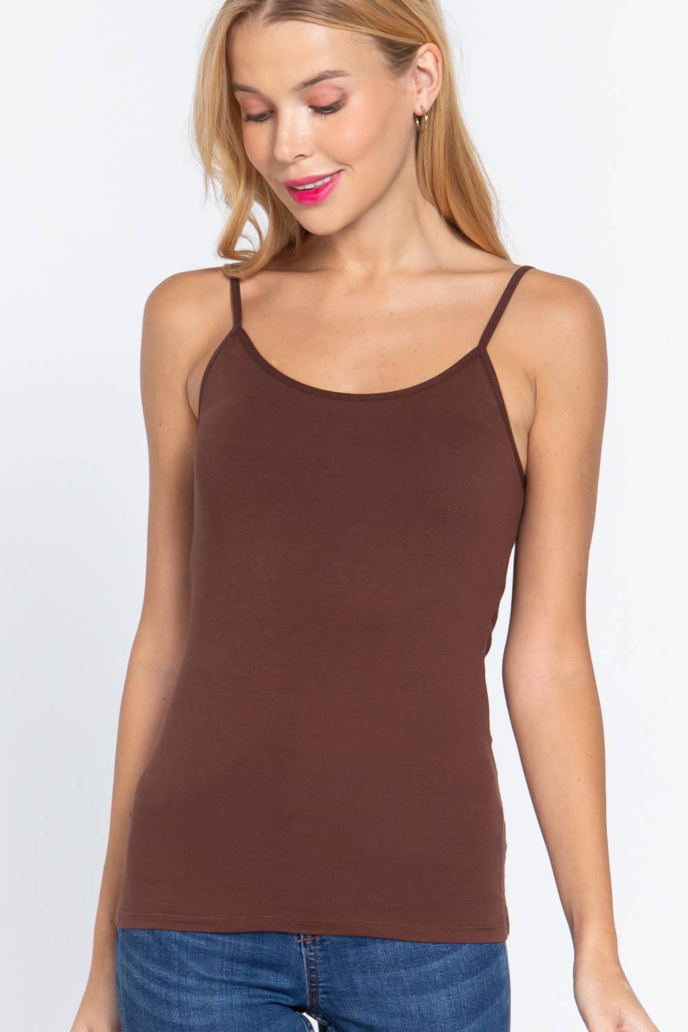 Basic Adjustable Spaghetti Strap Cropped Cami with Shelf Bra: Sepia