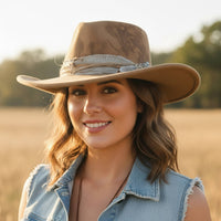 Distressed Fabric Band Rustic Cowgirl Fedora Hat