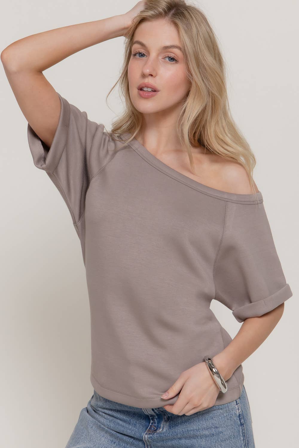 Elbow Sleeve Off The Shoulder Soft Modal Scuba  Blouse : taupe