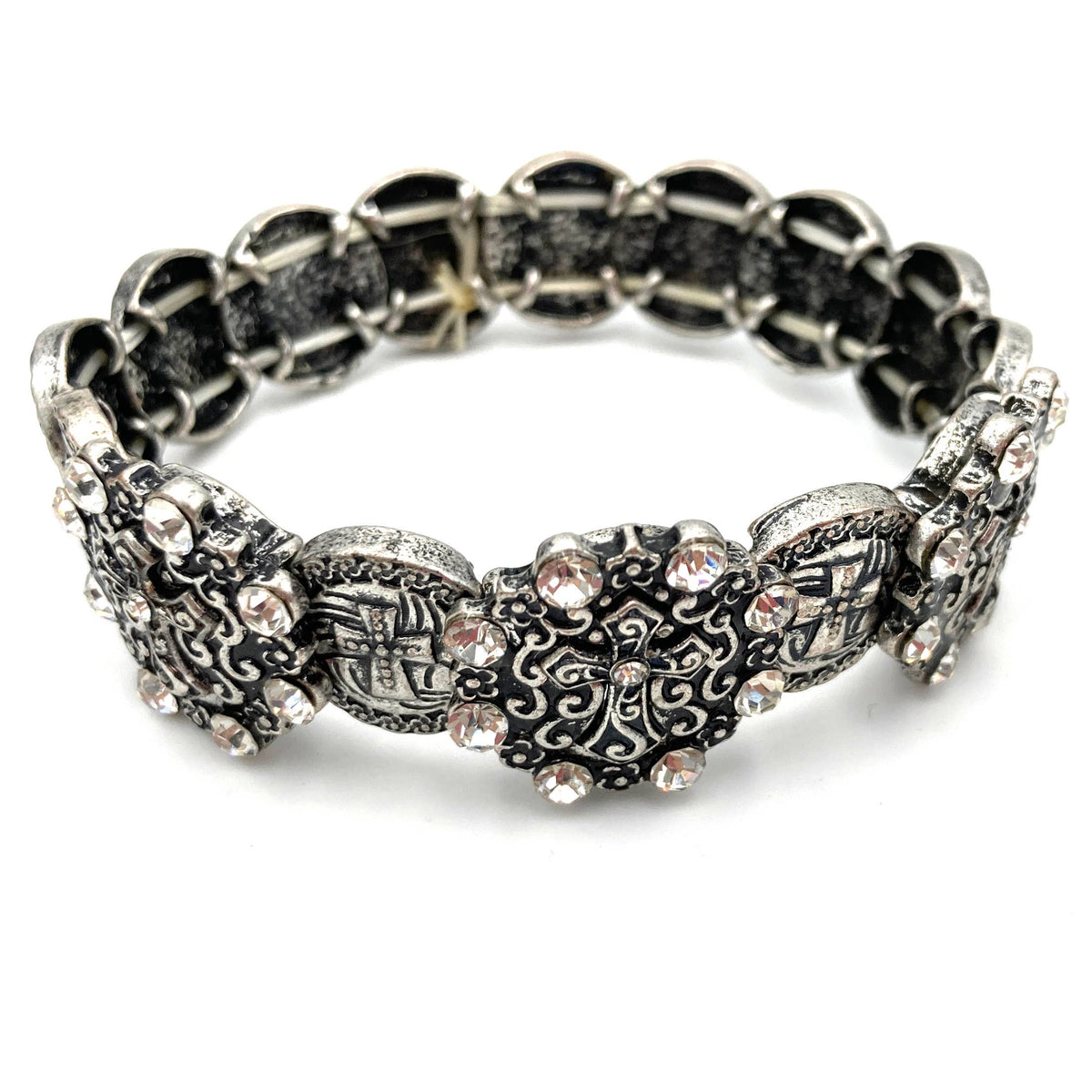 Silver Patina Western Cross Stretch Stamped Bracelet: Silver
