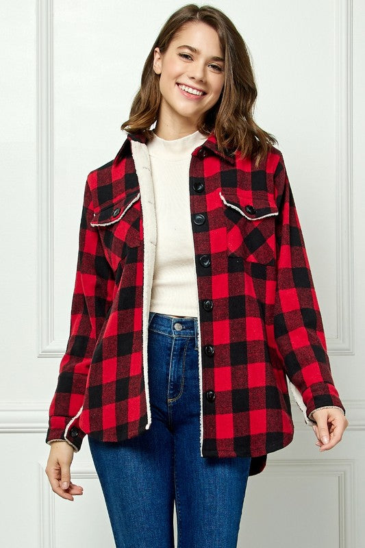 Buffalo Plaid Red and Black flannel jacket with sherpa lining