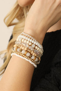 Charm Mix Bead Natural Stone Wood Layered Stackable Bracelet: White